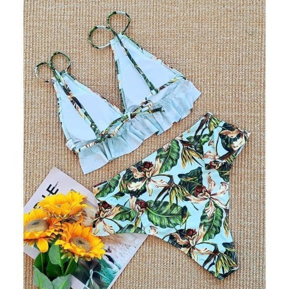 Women's Polyester Printed 2PCS High Waist Ruffle V Neck Swimsuit - Medium‎ - Picture 6 of 6